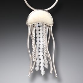 Fossilized Walrus Ivory Jelly Fish Necklace, Rainbow Moonstone Handmade Silver - <b>Jelly Fish</b>