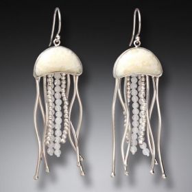 Fossilized Walrus Ivory Jelly Fish Earrings, Rainbow Moonstone Handmade Silver - <b>Jelly Fish</b>