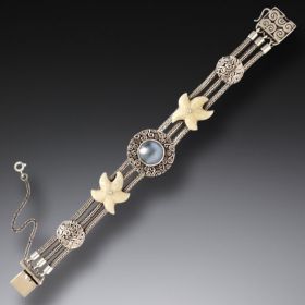 Fossilized Walrus Tusk Ivory Handmade Silver Starfish Bracelet with Mabe Pearl - <b>Sea Treasures</b>