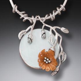 Ancient Ivory Flower Necklace with Mother of Pearl, Handmade Silver - <b>Moon Flower</b>