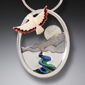 Silver Mother of Pearl Pendant River Necklace with Mammoth Ivory - <b>Aim for the Moon</b>
