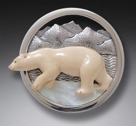 Mammoth Ivory Polar Bear Pendant Necklace or Pin with Mother of Pearl - <b>Vanishing Ice Cap</b>
