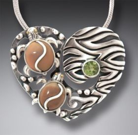 Fossilized Walrus Ivory Turtle Heart Necklace with Peridot, Handmade Silver - <b>Two Turtles</b>