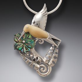 Silver Hummingbird Pendant Necklace Paua Jewelry with Fossilized Walrus Tusk - <b>Hummingbird Garden</b>