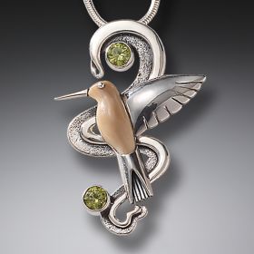 Mammoth Ivory Hummingbird Necklace Silver with Peridot, Handmade Silver - <b>Hummingbird Flight</b>