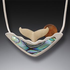 Ancient Ivory Silver Whale Tail Necklace Paua Jewelry with Amber, Handmade Silver - <b>Sunset Spray</b>