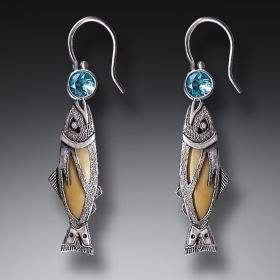 Handmade Silver Jeweled Fish Earrings with Mammoth Ivory and Blue Topaz - <b>Treasures from the Stream</b>