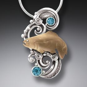 Fossilized Walrus Ivory Tusk Silver Fish Necklace with Blue Topaz, Handmade - <b>Fish in Water</b>