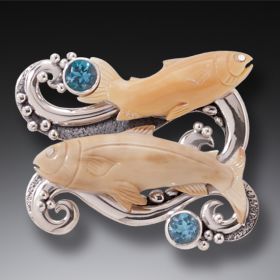 Fossilized Walrus Ivory Silver Fish Pendant with Blue Topaz - <b>Go with the Flow</b>
