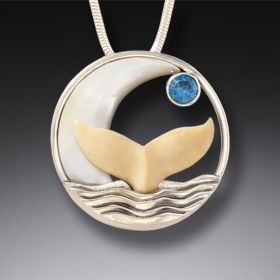 Mammoth Ivory Tusk Silver Whale Tail Necklace with Blue Topaz - <b>Moonrise</b>