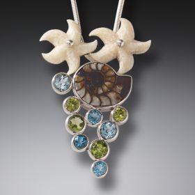 Mammoth Ivory Moroccan Ammonite Starfish Necklace Silver with Peridot and Blue Topaz - <b>Beachcombing</b> 
