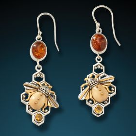 Fossilized mammoth ivory honeycomb bee earrings - <b>Honeycomb Bees</b>