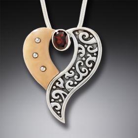 Fossilized Walrus Ivory Heart Necklace with Garnet