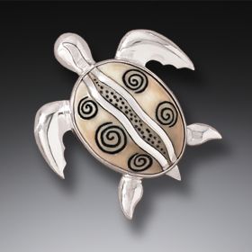 Fossilized Walrus Ivory Silver Sea Turtle Pin or Pendant, Handmade - <b>Turtle at Play</b>