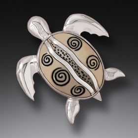 Mammoth Ivory Jewelry Silver Sea Turtle Pin or Pendant, Handmade - <b>Turtles at Play</b>