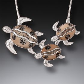 Mammoth Ivory Jewelry Turtle Family Necklace, Handmade Silver (includes chain) - <b>Mother and Baby Turtles</b>
