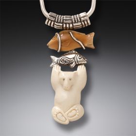 Fossilized Walrus and Mammoth Ivory Polar Bear Pendant, Handmade Silver - <b>Bear with Fish</b>