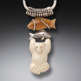 Mammoth Ivory Polar Bear Pendant, Handmade Silver - <b>Bear with Fish</b>