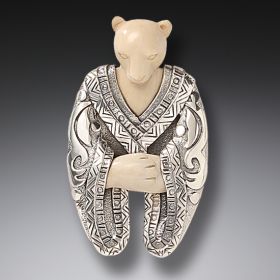 Mammoth Ivory Polar Bear Pin or Pendant, Handmade Silver - <b>Shaman Bear</b>