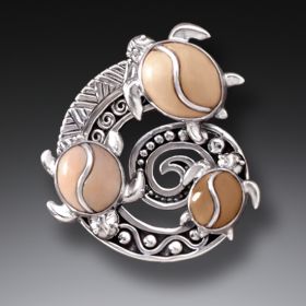 Mammoth Ivory Jewelry Sea Turtle Pin or Pendant, Handmade Silver - <b>Turtle Spiral</b>