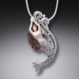 Mammoth Tusk Ivory Silver Mermaid Pendant, Handmade Silver - <b>Mermaid in Spray</b>