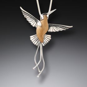 Fossilized Walrus Tusk Hummingbird Pendant Necklace, Handmade Silver - <b>Taking Flight</b>