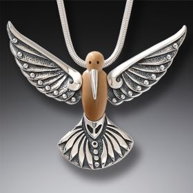 Fossilized Walrus Ivory and Silver Hummingbird Pendant - <b>Winged Song</b>