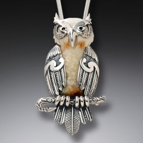 Ancient Fossilized Walrus Ivory Silver Owl Pendant – <b>Wise One</b>