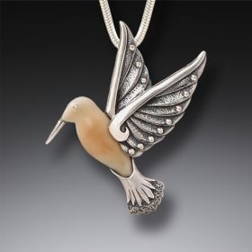 Fossilized Walrus Ivory and Silver Pendant - <b>Hummingbird II</b>