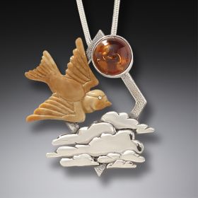 Fossilized Walrus Ivory Bird Necklace Silver and Amber - <b>Dawn Flight</b>