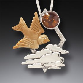 Mammoth Ivory Pendant Bird Necklace Silver and Amber - <b>Dawn Flight</b>