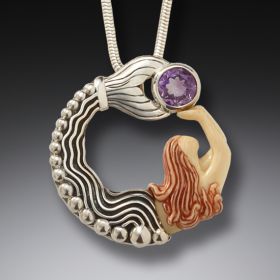 Fossilized mammoth ivory mermaid pendant with amethyst -<b>Mermaid with Amethyst</b>