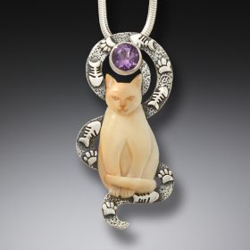 Silver, fossilized mammoth ivory and amethyst cat pendant - <b>Contented Cat</b>