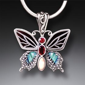 Paua Jewelry Jeweled Butterfly Necklace with Garnet, Black Mussel, and Fossilized Ivory - <b>Transition II</b>