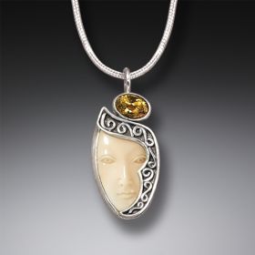 Fossilized Walrus Ivory Goddess Enigma Necklace with Citrine, Handmade Silver - <b>Enigma</b>