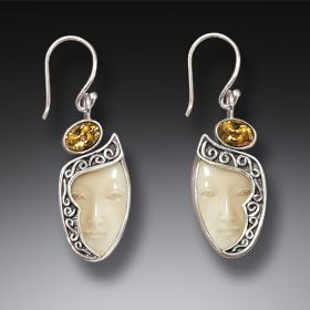 Mammoth Ivory Goddess Citrine Drop Earrings, Handmade Silver - <b>Enigma</b>