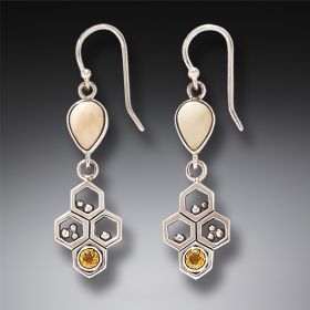 Fossilized Walrus Ivory and Silver Bee Earrings – <b>Honeycomb</b>
