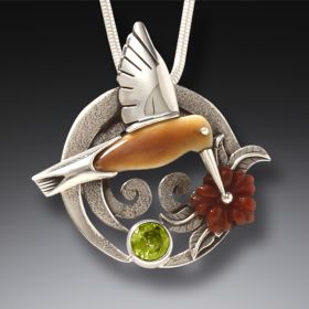 Fossilized Walrus Ivory Silver Hummingbird Necklace with Peridot - <b>Sipping Nectar</b>