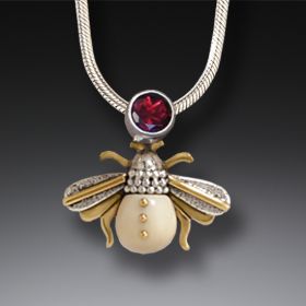 Fossilized Walrus Tusk Silver Bee Pendant Necklace, 14kt Gold Fill and Garnet - <b>Bee</b>