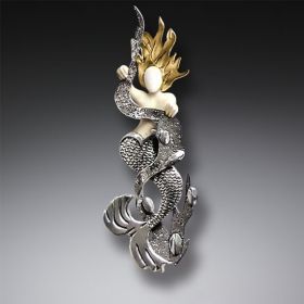 Mammoth Ivory Mermaid Pendant with 14kt Gold Fill, Handmade Silver - <b>Mermaid in Kelp</b>