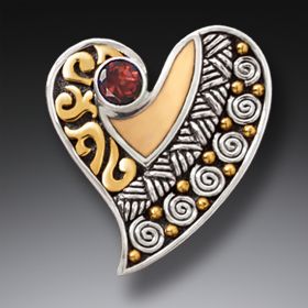 Fossilized Walrus Tusk Silver Heart Pin or Pendant with Garnet - <b>Heart</b>