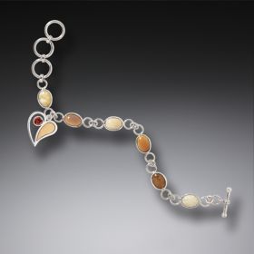 Fossilized Walrus Ivory Silver Heart Charm Bracelet with Garnet, Handmade - <b>Heart Song</b>