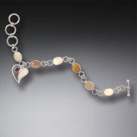 Ancient Ivory Silver Heart Charm Bracelet with Garnet, Handmade - <b>Heart Song</b>