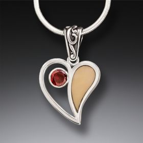 Fossilized Walrus Ivory Heart Necklace with Garnet, Handmade Silver - <b>Heart Song</b>