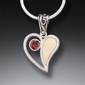Mammoth Ivory Heart Necklace with Garnet, Handmade Silver - <b>Heart Song</b>