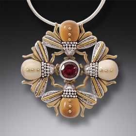 Fossilized Walrus Ivory Four Bees Necklace, 14kt Gold Fill and Garnet - <b>Bee Mandala</b>