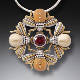 Mammoth Ivory Four Bees Necklace, 14kt Gold Fill and Garnet - <b>Bee Mandala</b>