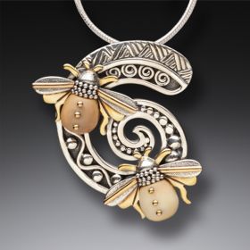 Mammoth Ivory Jewelry Bee Necklace Silver and 14kt Gold Fill, Handmade - <b>Bee Spiral</b>