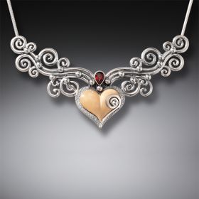 Fossilized Walrus Ivory Heart Necklace with Sterling Silver and Garnet Accent