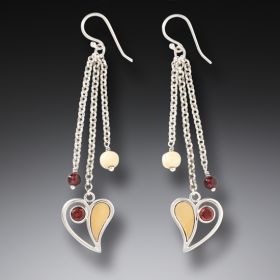 Fossilized Walrus Ivory Earrings with Garnet, Handmade Silver - <b>Heart Song Dangles</b>